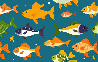 Naklejka premium Illustrative and colorful depiction of fishes of different kind in color and shape in a drawn appearing style