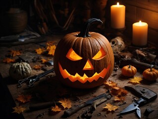 A carved jack-o-lantern with a menacing grin sits on a wooden table lit by two candles. Scattered around it are autumn leaves, tools, and a smaller pumpkin, creating a spooky Halloween atmosphere.