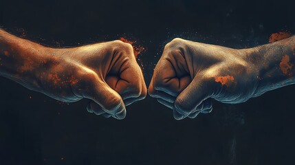 Obraz premium Two Fists Facing Each Other in a Close-Up Shot with a Dark Background