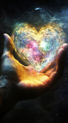 A Muscular Male Hand Holding a Glowing Heart-Shaped Energy at Night