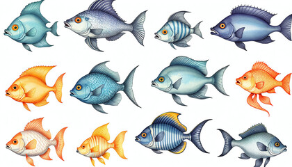 Fototapeta premium Illustrative and colorful depiction of fishes of different kind in color and shape in a drawn appearing style