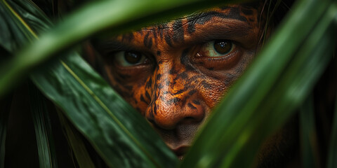 A portrait of tribal man with stunning eyes hiding in the bushes of a beautiful jungle background during the day time closeup shot and sharp colors