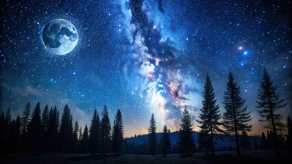 Naklejka premium Dark blue night sky filled with millions of twinkling stars, moon casting a gentle glow, and silhouette of trees standing tall in the foreground.