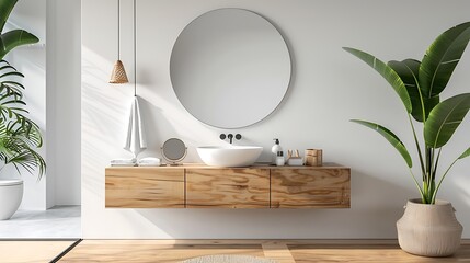 Washroom with floating vanity and round mirror