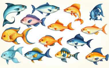 Naklejka premium Illustrative and colorful depiction of fishes of different kind in color and shape in a drawn appearing style