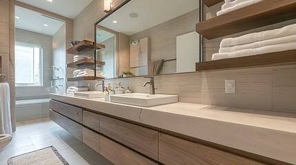 Washroom with frameless mirrors and floating shelves