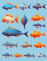 Naklejka premium Illustrative and colorful depiction of fishes of different kind in color and shape in a drawn appearing style
