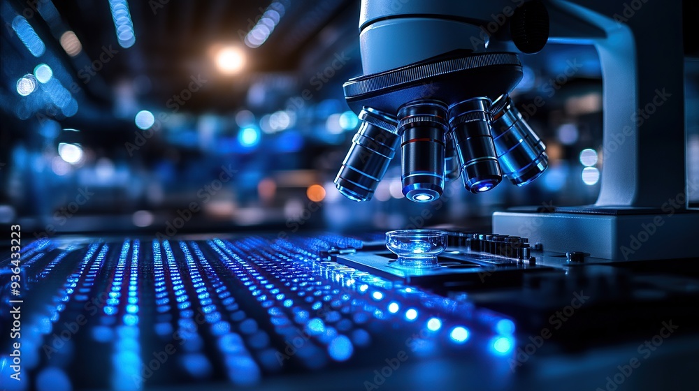 Aufkleber advanced research: microscope with digital interface in modern lab
