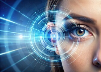 Data processing scope scanning over a woman's eye, illustrating global networking, technology, and digital interface concepts in a futuristic, digitally generated image.