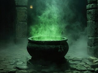 A cauldron with green smoke rising inside an old stone room, lit by a single lantern.