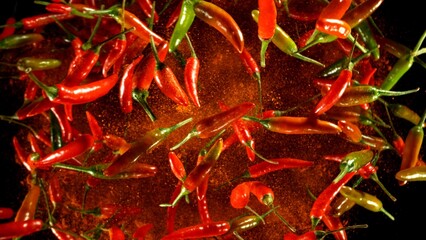 Hot red and green chilli peppers flying on black background.