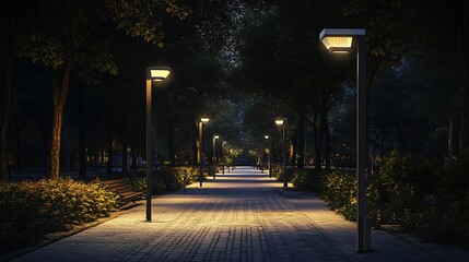 A brick walkway lit by streetlamps at night