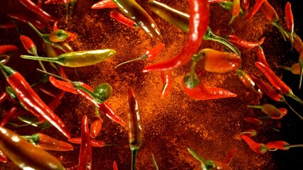 Hot red and green chilli peppers flying on black background.