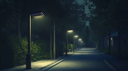 Nighttime Pathway Illuminated by Streetlights in a Forested Area