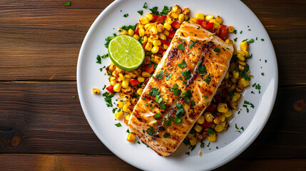 Grilled salmon fillet served with corn salsa and lime wedge on white plate over wooden table