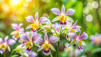 Delicate Calanthe orchid blooms in shades of white, pink, and yellow, with intricate ridges and veins, against a soft, blurred green foliage background.