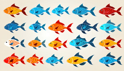 Illustrative and colorful depiction of fishes of different kind in color and shape in a drawn appearing style