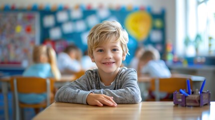 cute schoolboy sitting at the desk, smiling, looking at the camera during the lesson