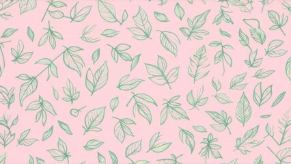 A seamless, playful leaf pattern with line drawings on a soft pastel pink background creates an inviting and fun illustration