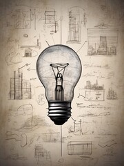 Glowing light bulb in front of a concrete wall covered in hand-drawn sketches of symbols, charts, and buildings