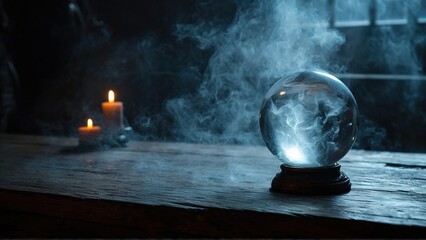 A crystal ball sits on a wooden table with smoke rising from it, lit by two candles in the background.