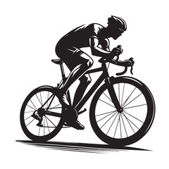 Cycling Theme, Vector Silhouette Of Road Cyclist Vector Silhouetted White Background