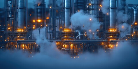 Fototapeta premium Industrial Refinery at Night with Steaming Towers