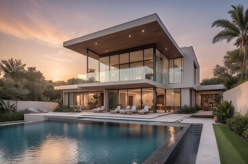 Fototapeta premium Luxury house with a large swimming pool in the courtyard.