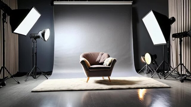 Professional photography studio setup with soft lighting and modern chair on seamless backdrop
