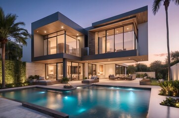 Fototapeta premium Luxury house with a large swimming pool in the courtyard.