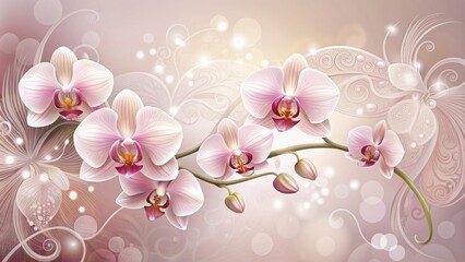 Delicate, intricately detailed illustrated orchid blooms in shades of pink and white, set against a soft, subtle background with elegant, swirling vector patterns.