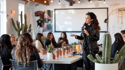 In a vibrant, well-decorated workspace, a poised woman addresses an audience of eager listeners, creating an interactive atmosphere filled with enthusiasm