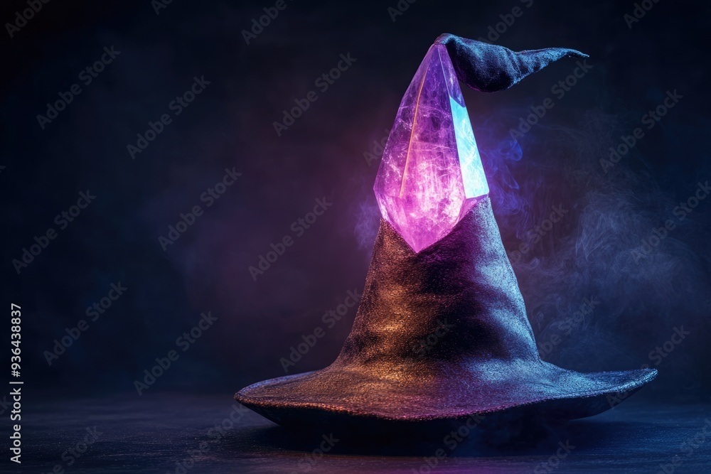 Wall mural a witch's hat with a glowing crystal and smoke