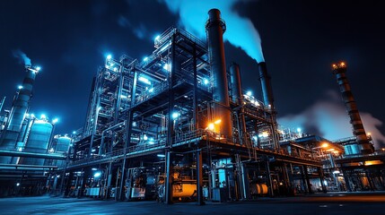 Exterior View of a Large Industrial Plant at Night with Reflective Surfaces