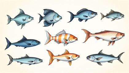Fototapeta premium Illustrative and colorful depiction of fishes of different kind in color and shape in a drawn appearing style