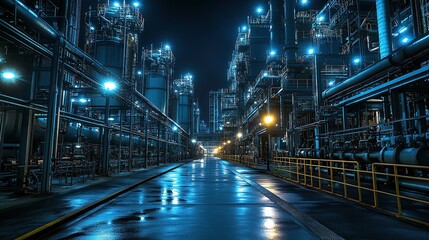 Obraz premium Nighttime View of an Expansive Industrial Facility with Blue and Yellow Lighting