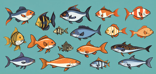 Illustrative and colorful depiction of fishes of different kind in color and shape in a drawn appearing style
