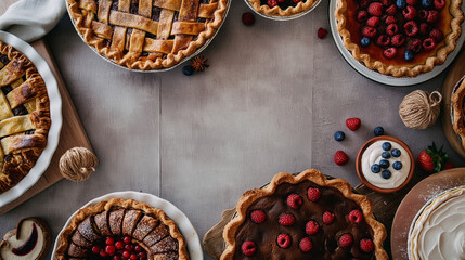 Baking Contest: A friendly baking contest with pies and cakes on display, Labor Day, with copy space
