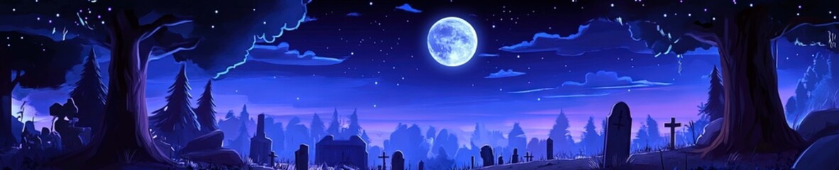 Naklejka premium 2D animated cartoon graveyard at night, full moon 