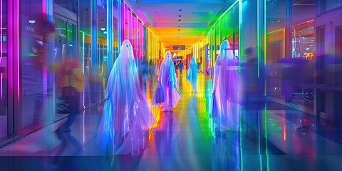 Fototapeta premium bioluminescent ghosts at the shopping mall, the ghosts are carrying shopping bags