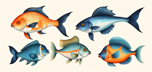 Fototapeta premium Illustrative and colorful depiction of fishes of different kind in color and shape in a drawn appearing style