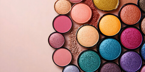 Vibrant eyeshadow palette showcase array rich pigmented colors isolated pale beige background