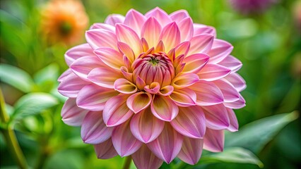 Delicate pink flower with intricately layered petals unfolding from a golden center, set against a soft, blurred background of lush green leaves.