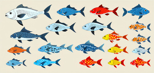 Illustrative and colorful depiction of fishes of different kind in color and shape in a drawn appearing style