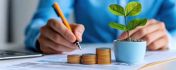 Business strategist presenting a growth plan, right-aligned, pastel background, high resolution