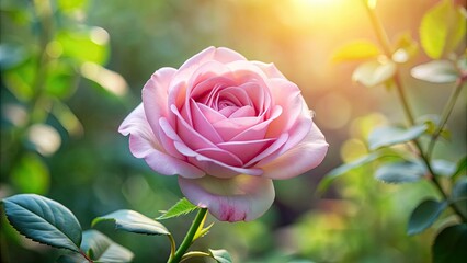 Delicate pink petals unfurl on a blooming rose flower, prized for its medicinal properties, symbolizing love, beauty, and natural healing in a serene setting.