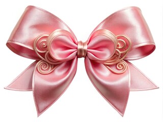 Delicate pink satin bow with curly scroll details, isolated on a pristine white background, perfect for adding a touch of elegance to celebratory designs.