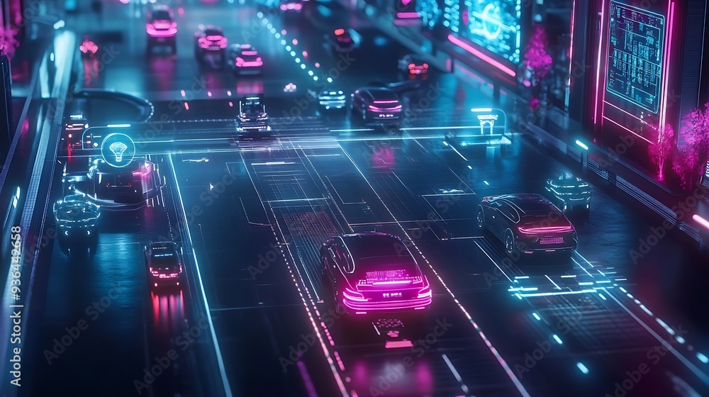 Aufkleber a high-tech autonomous vehicle testing ground with holographic simulation tracks and digital safety 