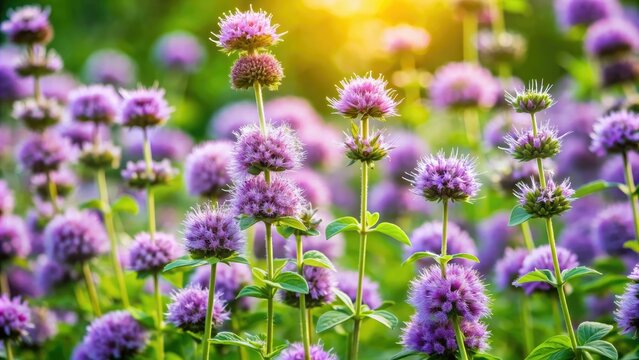 Delicate purple pennyroyal flowers bloom amidst lush green foliage, emitting a fragrant aroma, creating a serene and peaceful atmosphere in a whimsical summer garden setting.