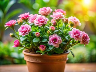 Fototapeta premium Delicate, sun-kissed small garden plant with tender leaf stems and vibrant flowers in soft rose hues, thriving in a cozy indoor setting.